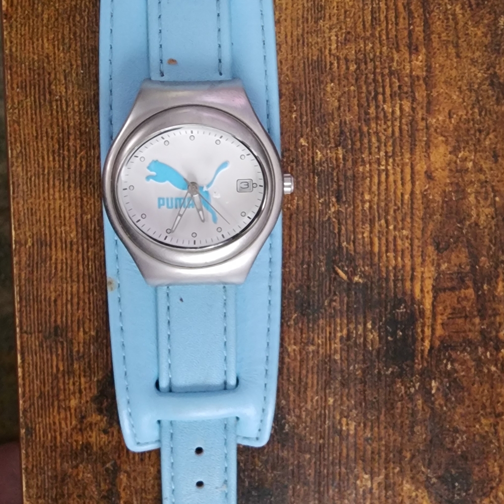 Puma Silver Case with Light Blue Leather Strap Watch (Vintage, Rare)